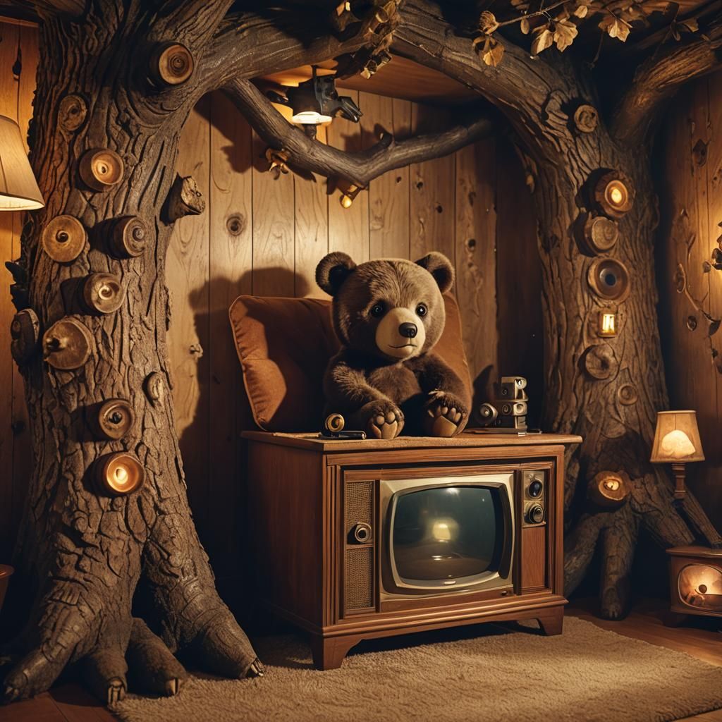Cozy Bear Cub Watching TV in Treehouse