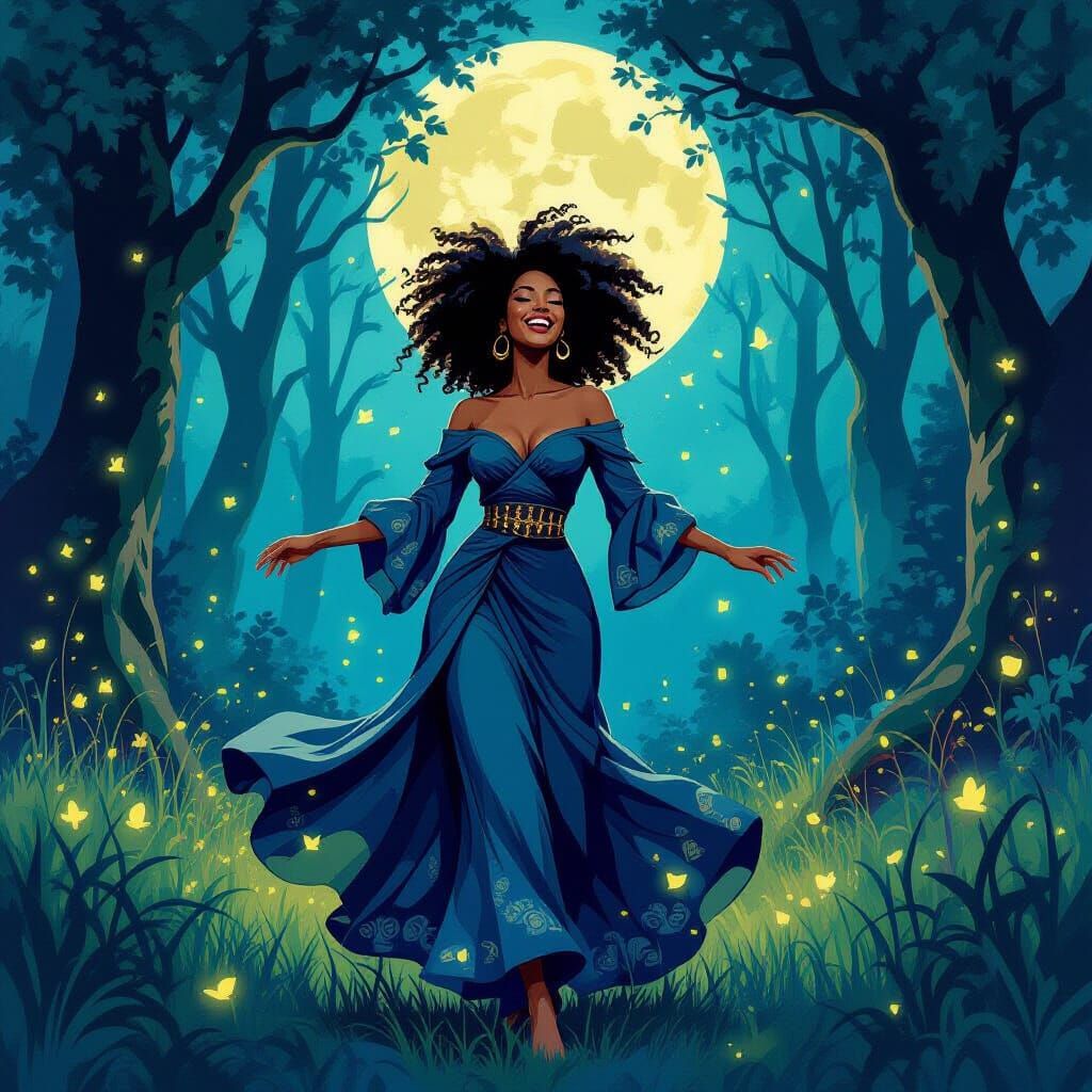 Woman Dancing in Moonlit Forest: Abstract Expressionism