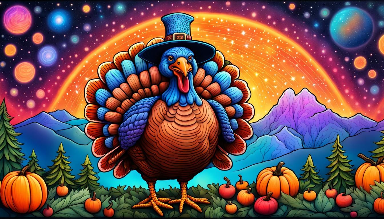 Festive Turkey in Pilgrim Hat with Cosmic Sky