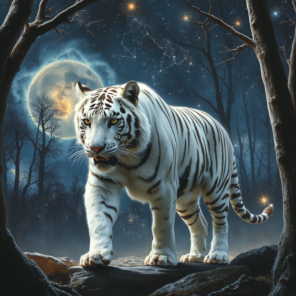 Celestial Tiger in Starry Forest: Hyperrealistic Oil Paintin...