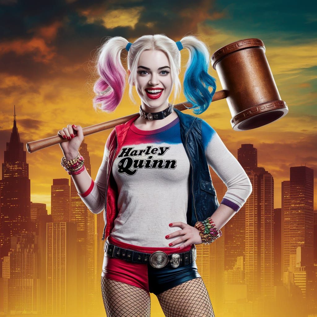 Harley Quinn Portrait in Gotham Sunset