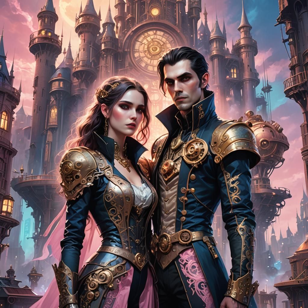 Vampires in Steampunk Cityscape: Whimsical Concept Art
