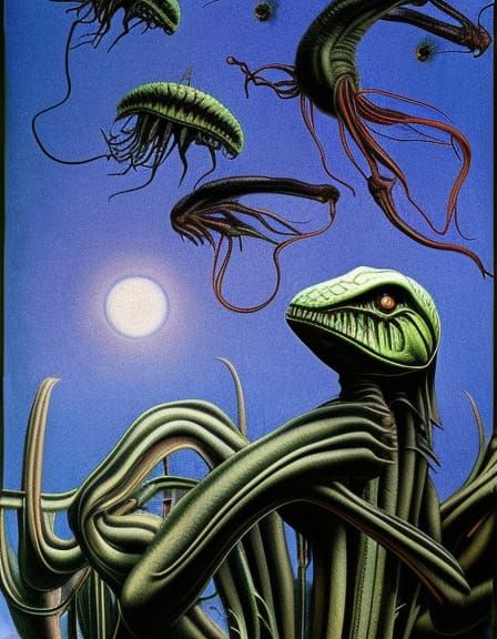 Botanical Illustration of Carnivorous Plants and Creatures