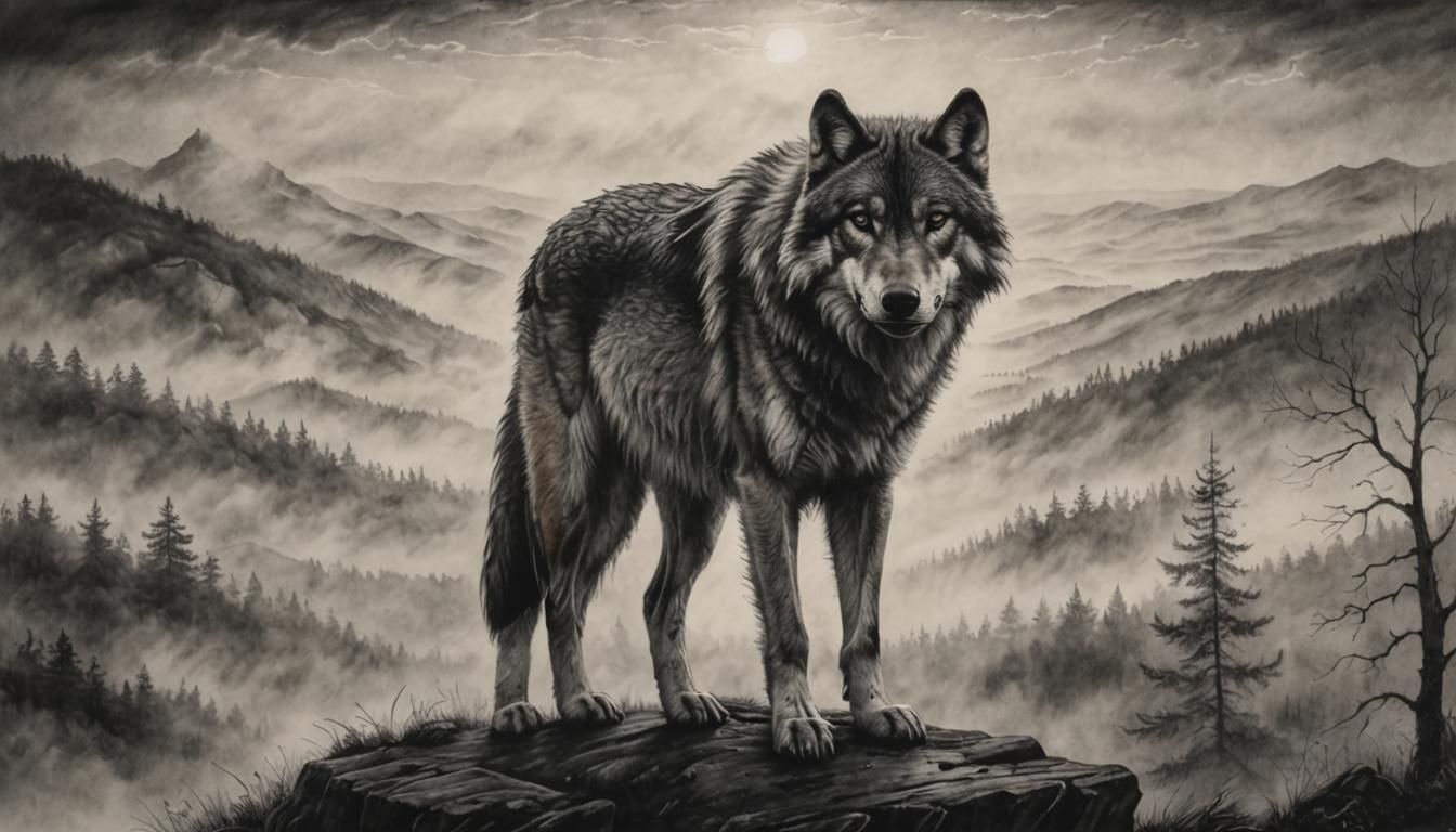 Lone Wolf Gazing Over Misty Horizon: Charcoal Drawing