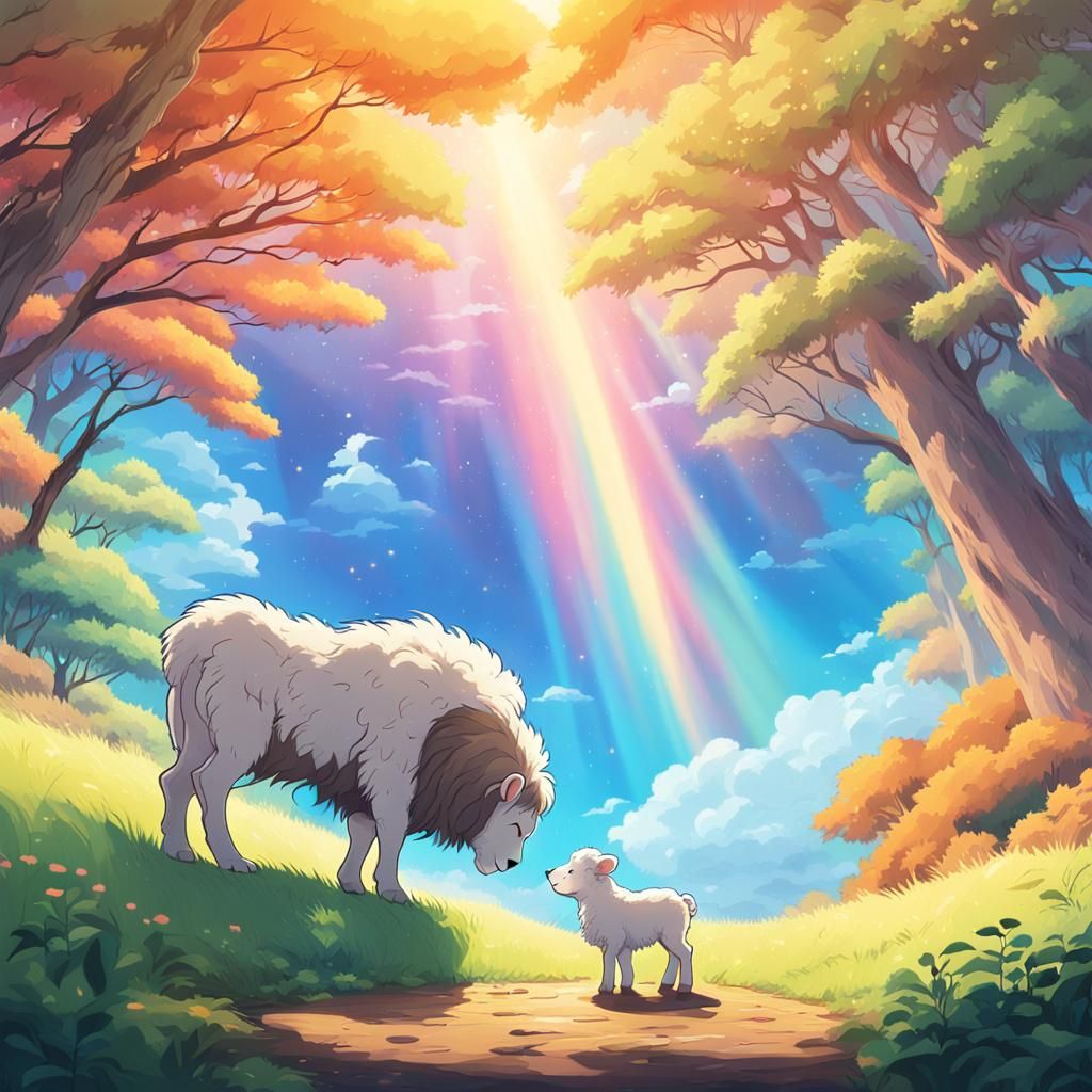 Lion and Lamb in Forest, Studio Ghibli Style