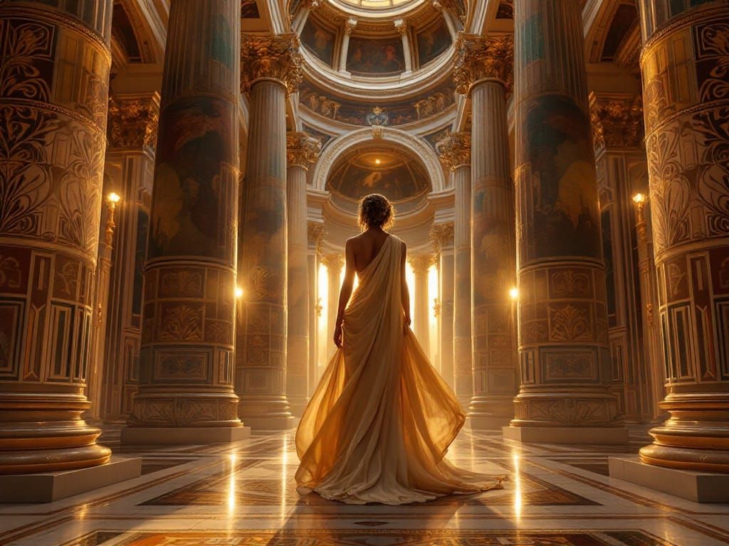 Regal Woman in Roman Grandeur at Magic Hour