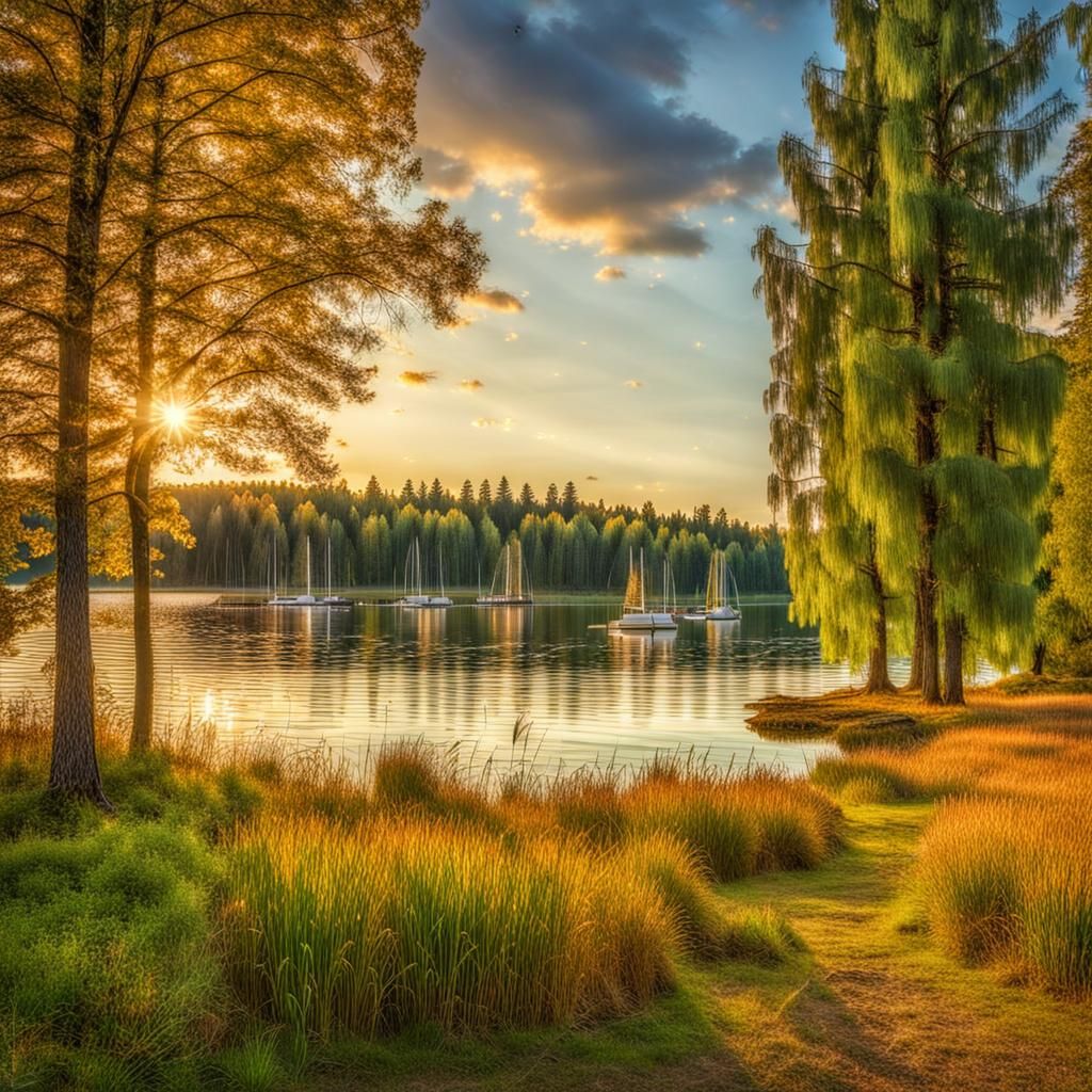 Autumn Lake Scene with Sailboats at Sunset
