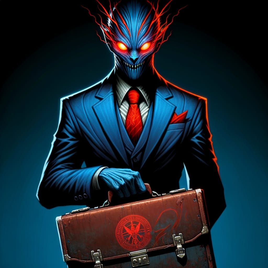 Sinister Figure in Blue Suit with Glowing Red Eyes
