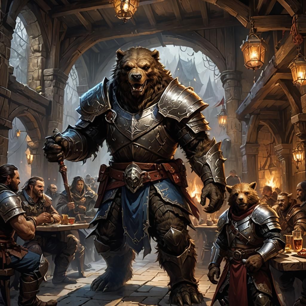 Dragonborn Fighter and Werebear Companion in Tavern
