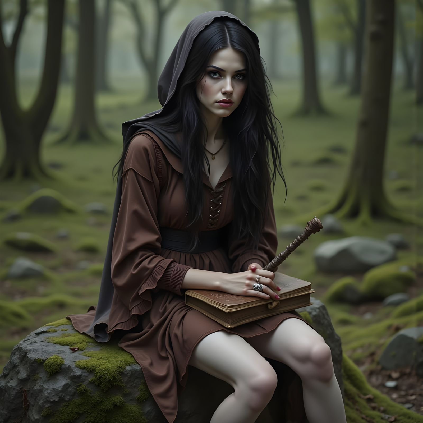 Mysterious Witch in Forest Holding Wand and Book