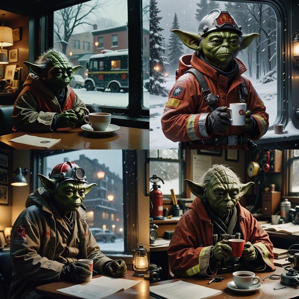 Epic Yoda Firefighter Sips Coffee in Snowy Office Scene
