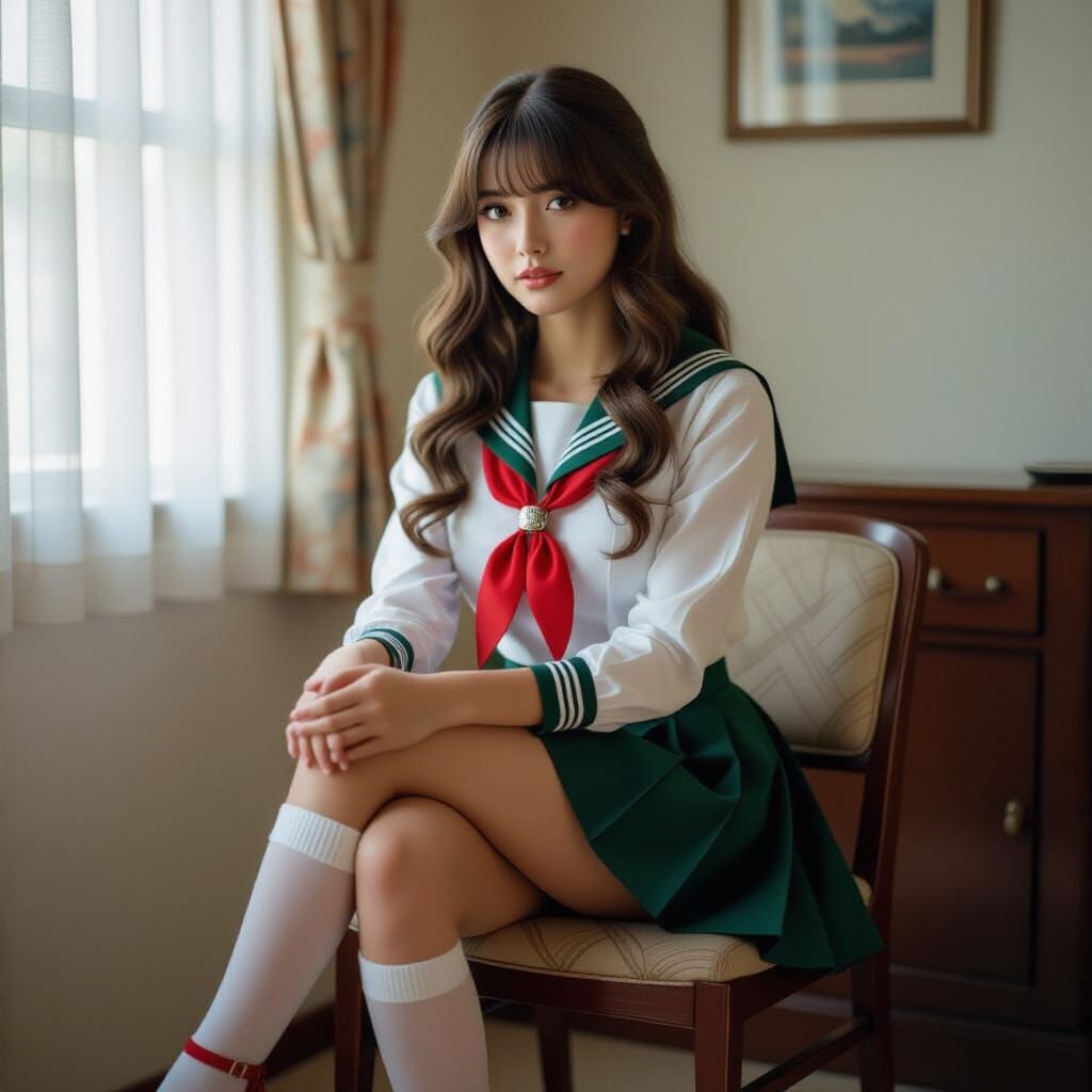 Thoughtful Young Woman in Sailor Uniform, Cinematic Film Sti...