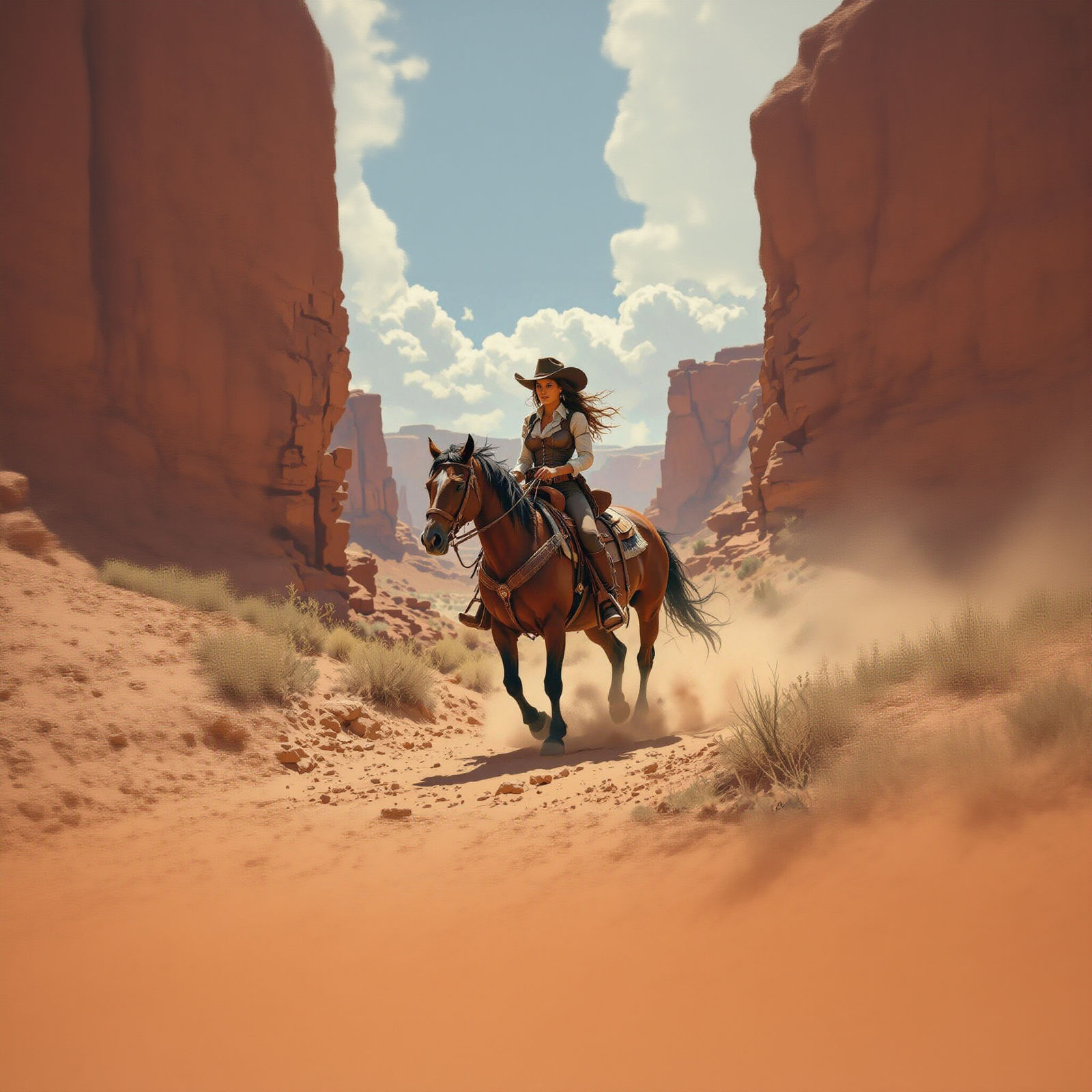 Female Cowboy Rides Through Canyon in Comic Art Style