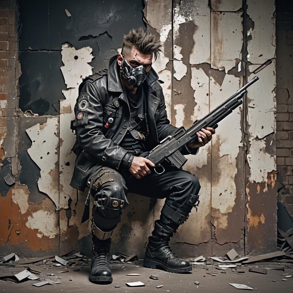 Grimy futuristic punk gangster with a scrappy shotgun held t...