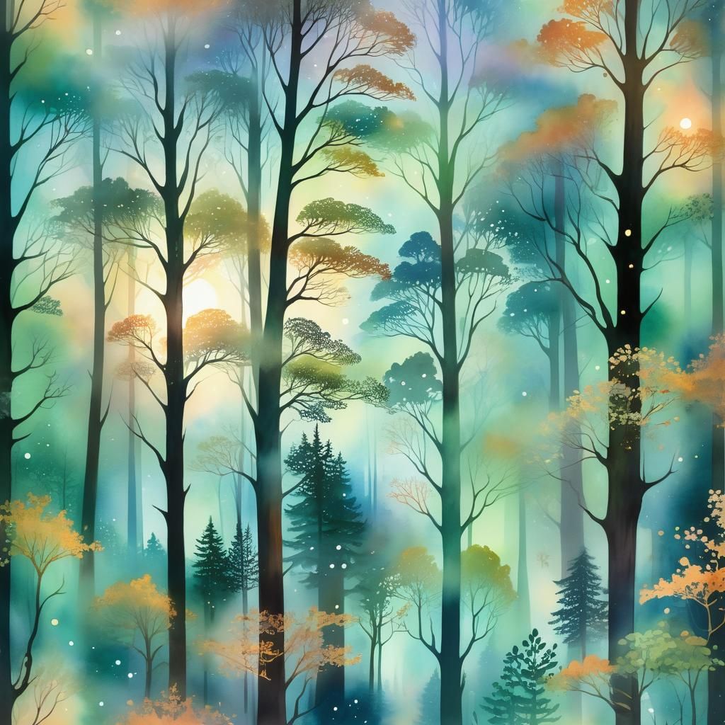 Watercolor Forest with Astral Elements in Cosmic Style