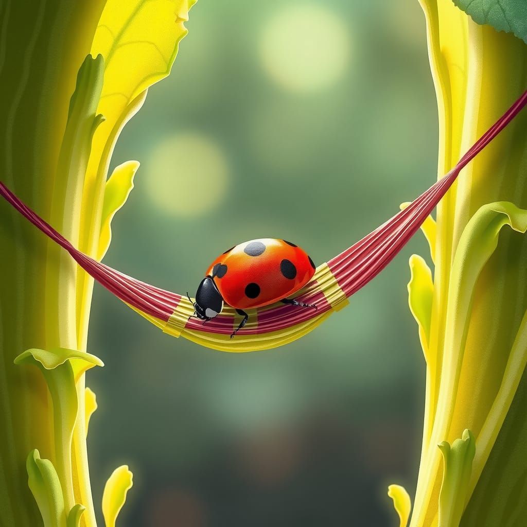Ladybug on Lettuce Hammock in Dappled Sunlight