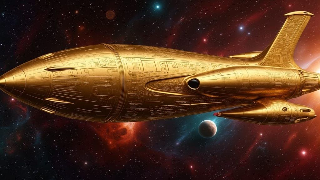 Golden Space Cruiser in Klimt-Inspired Sci-Fi Nebula
