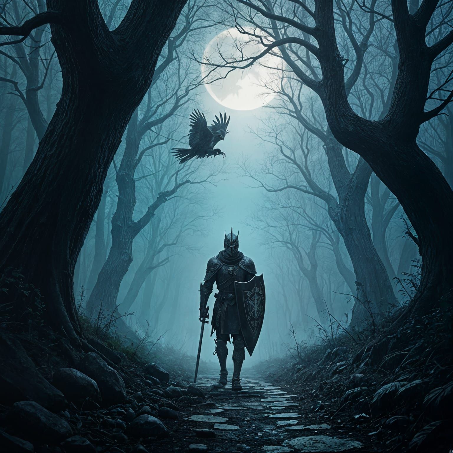 Knight in Dark Forest with Raven: Fantasy Concept Art