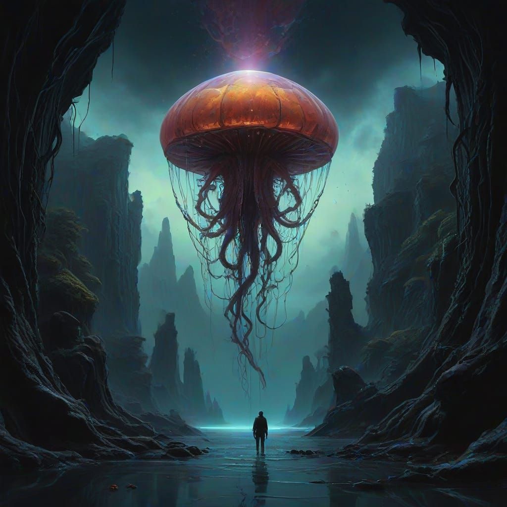 Bioluminescent Jellyfish in Alien Ocean, as Digital Art