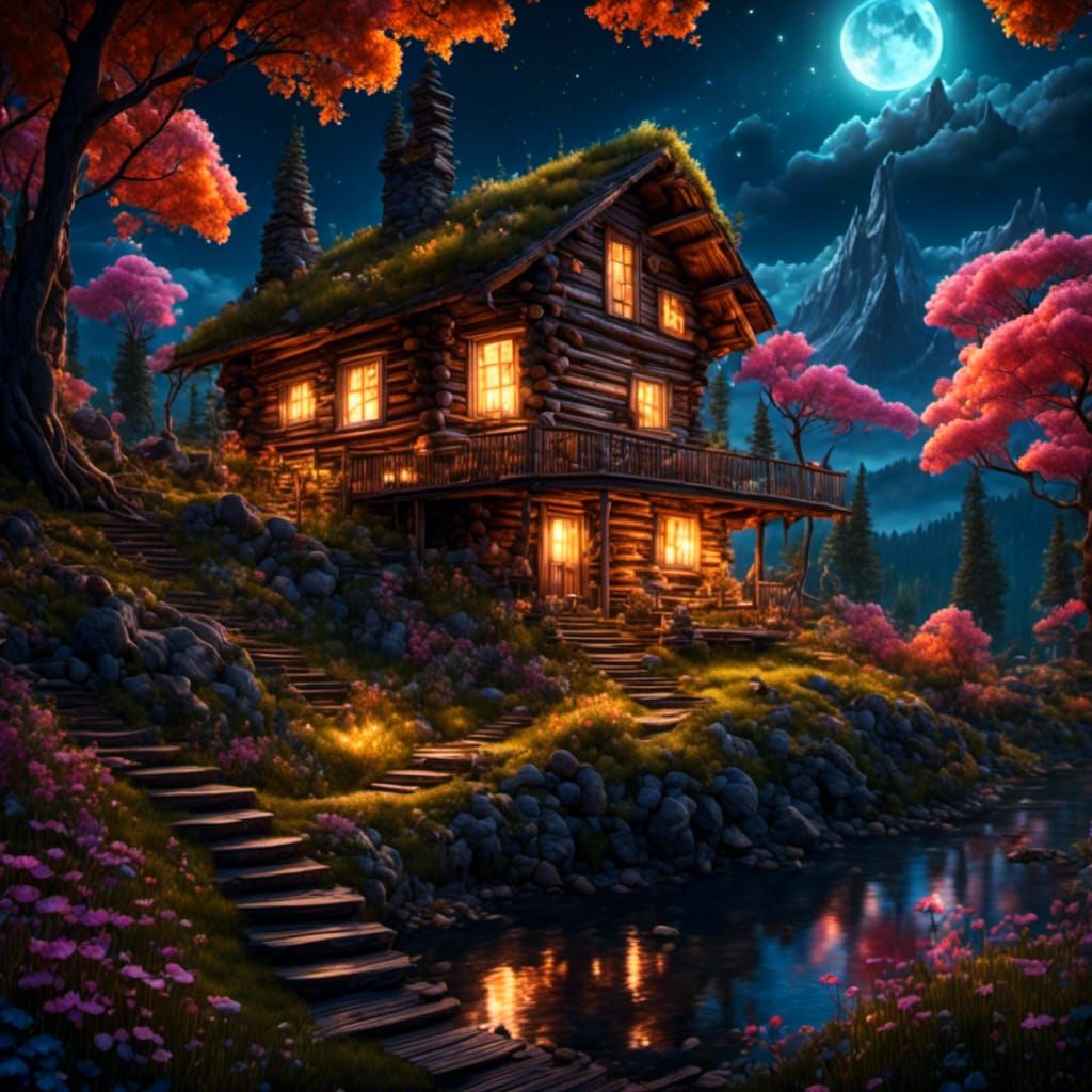 Night setting.  Small log cabin on hill above lake.  Wood steps. Bright,  colorful, Luminescent mushrooms.  Background i...