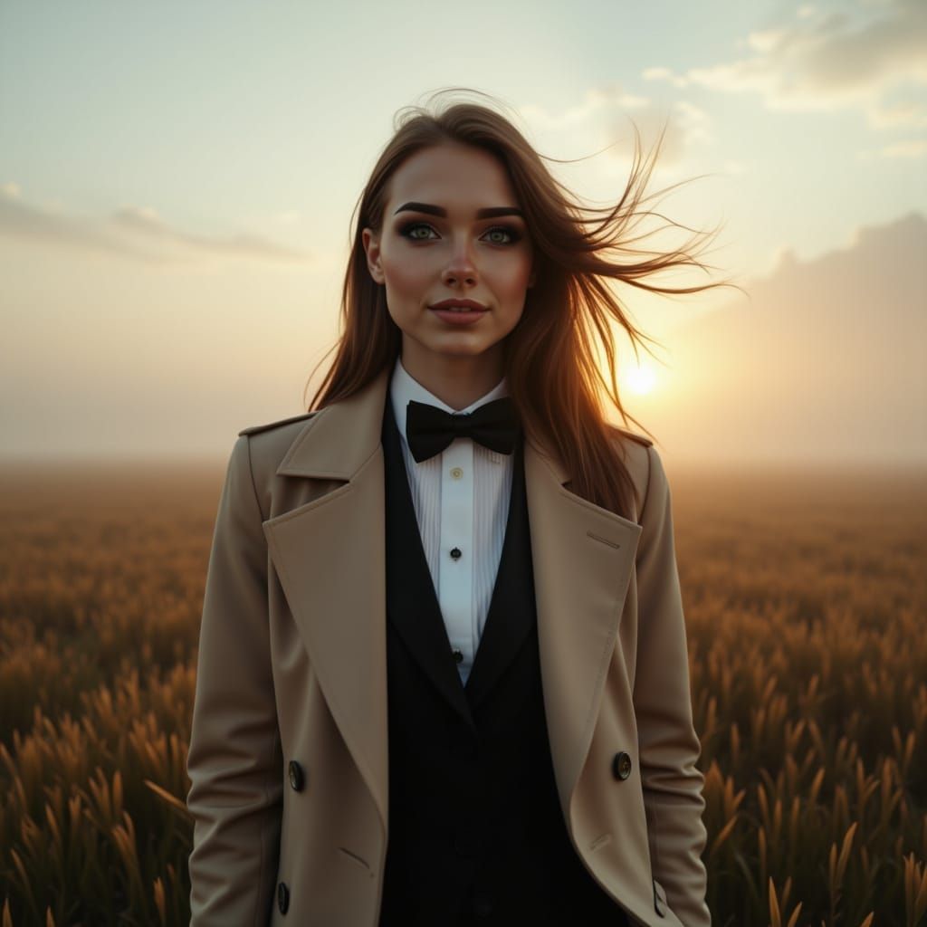 Woman in Trench Coat at Sunrise Foggy Morning