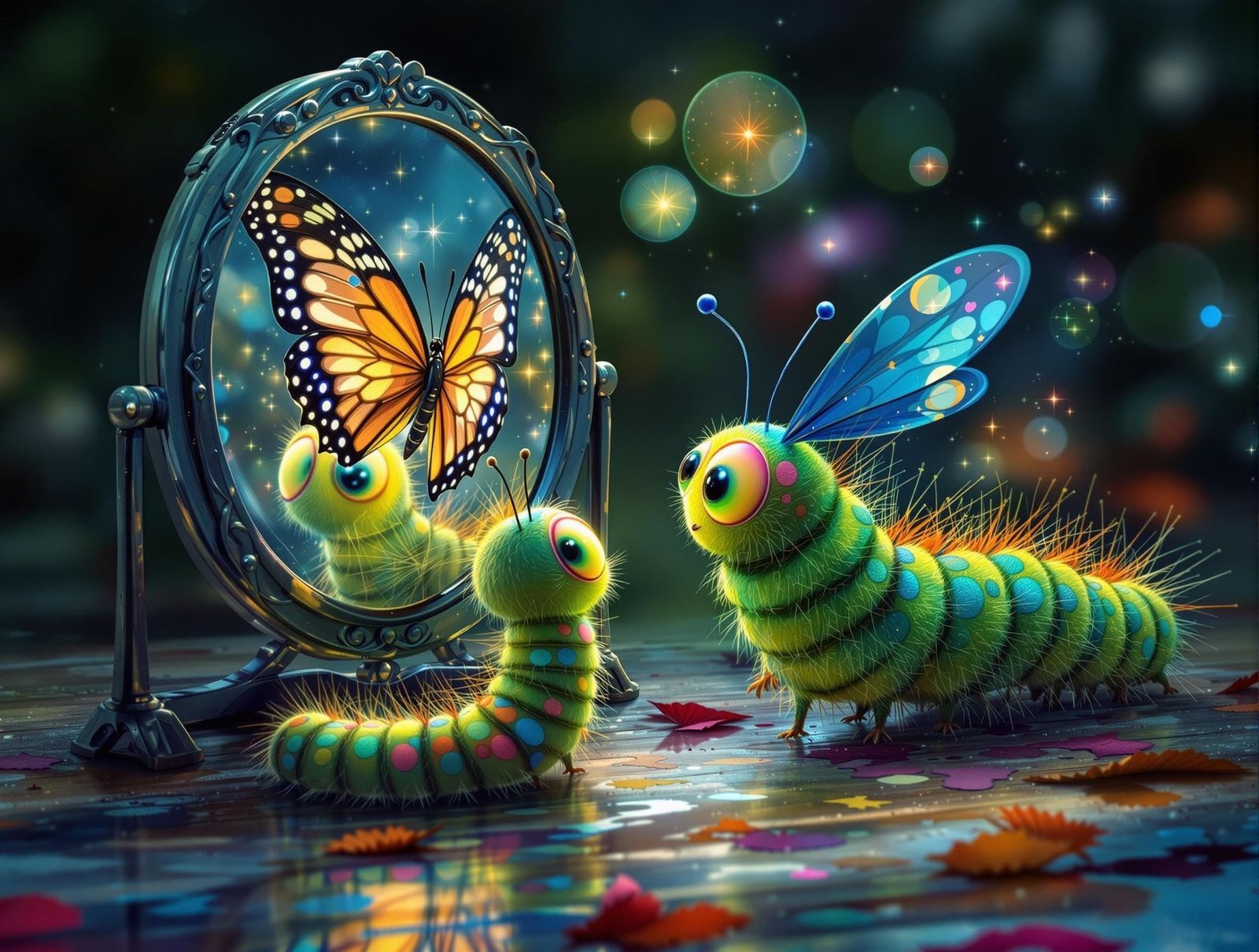 Caterpillar's Hopeful Reflection of Butterfly Future