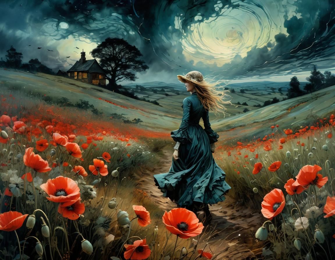 Stormy Poppy Field with Swirling Petals