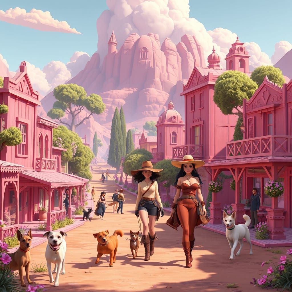 Pink Western Town Animated Scene in Cartoon Style