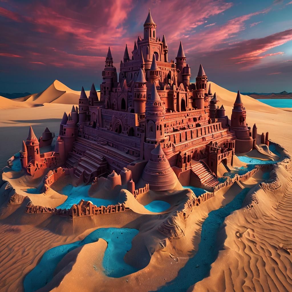 Holographic Sand Castle in Crimson Sunset Desert