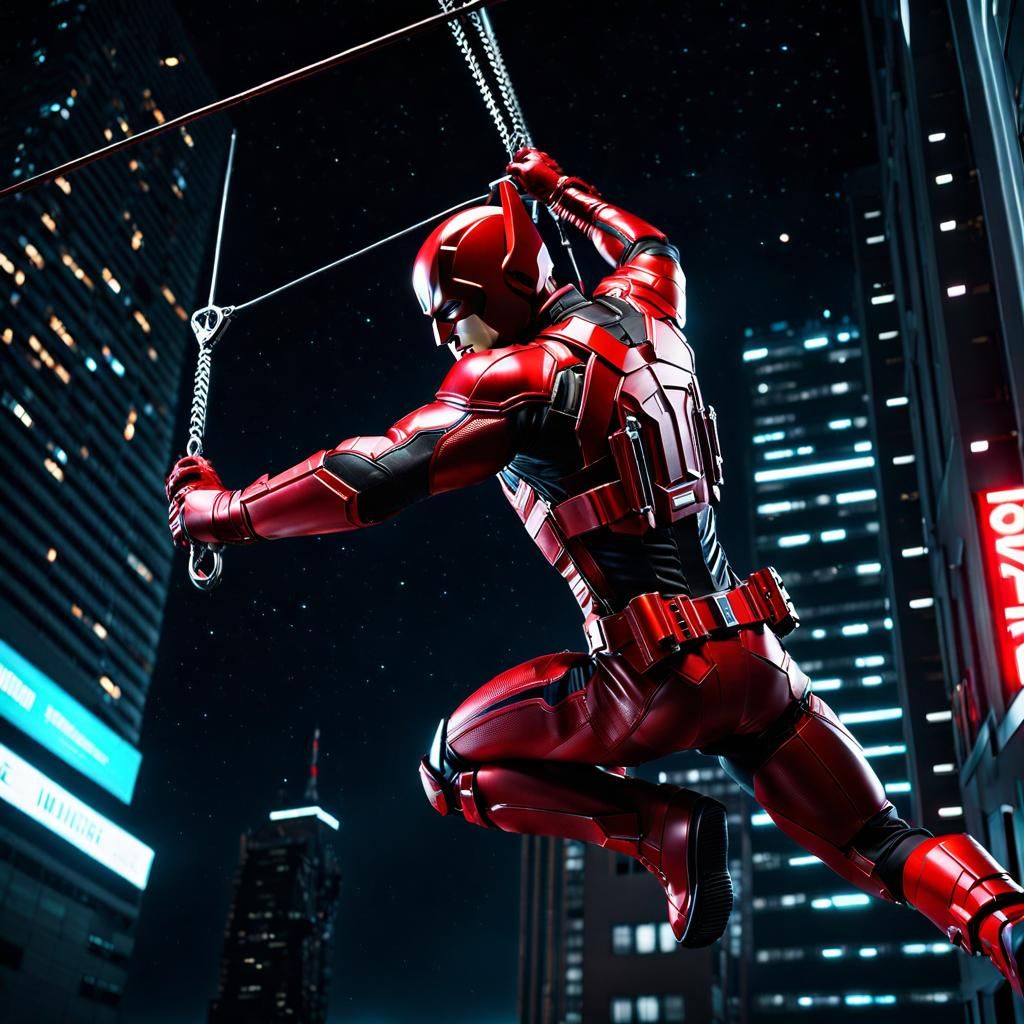 Daredevil, swinging from building at night
