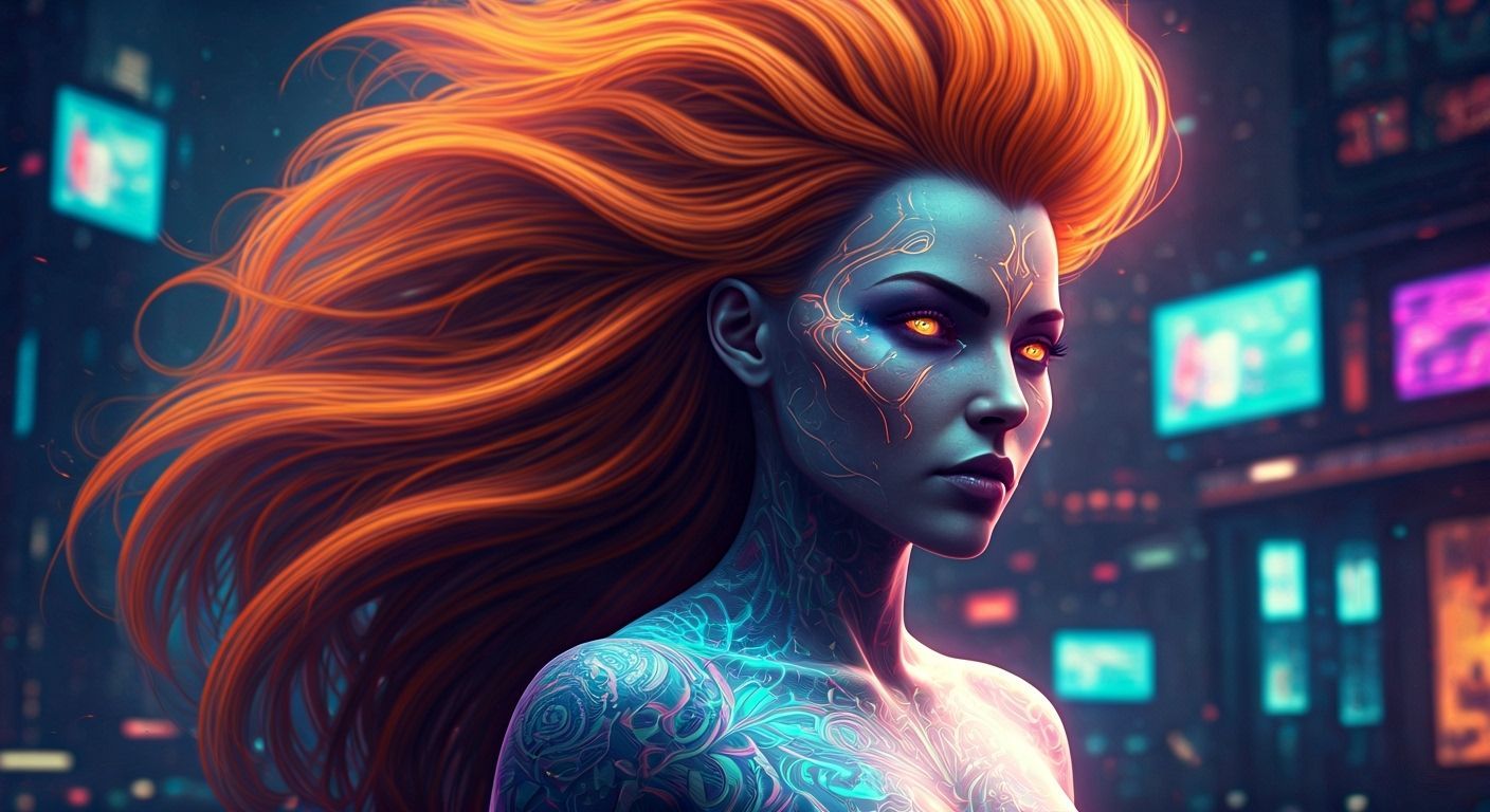 Neon Cyberpunk Goddess in Futuristic Cityscape