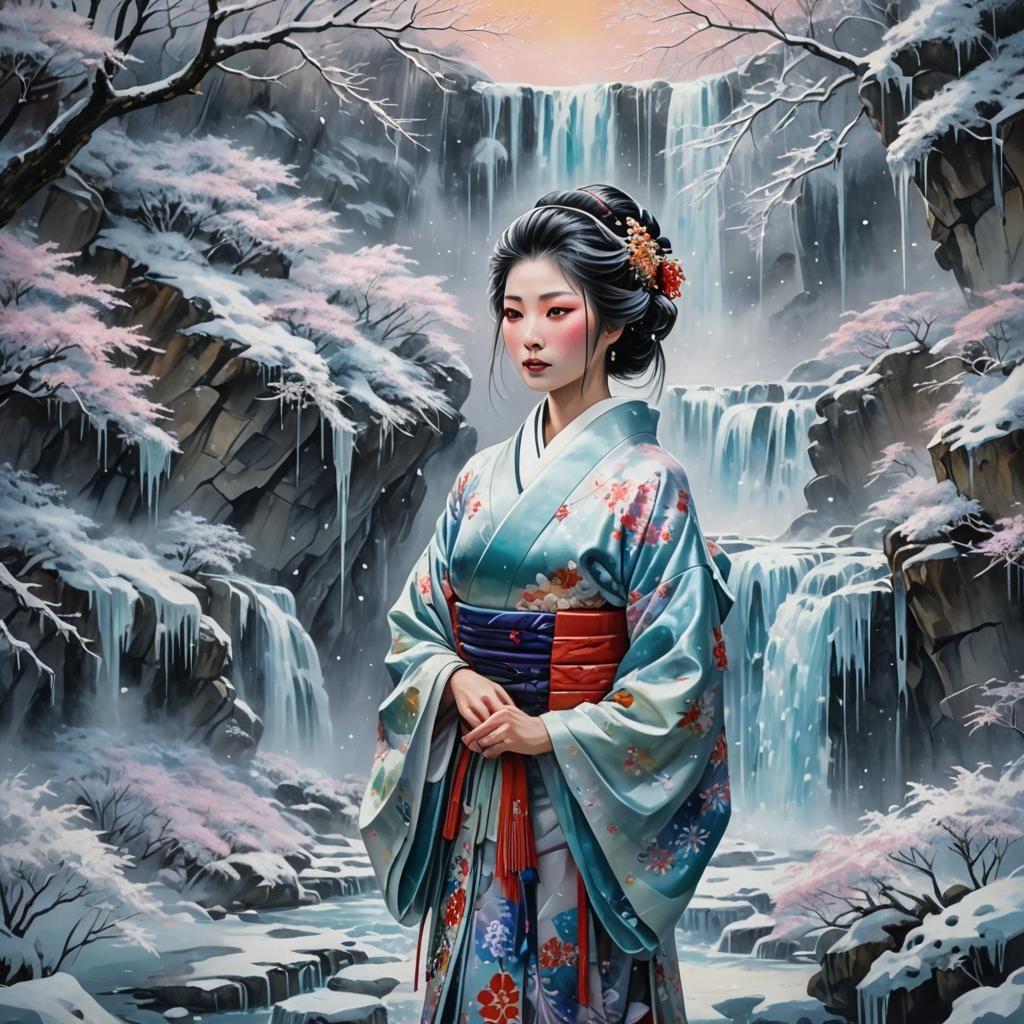 Geisha in Frozen Falls: Vibrant Oil Painting