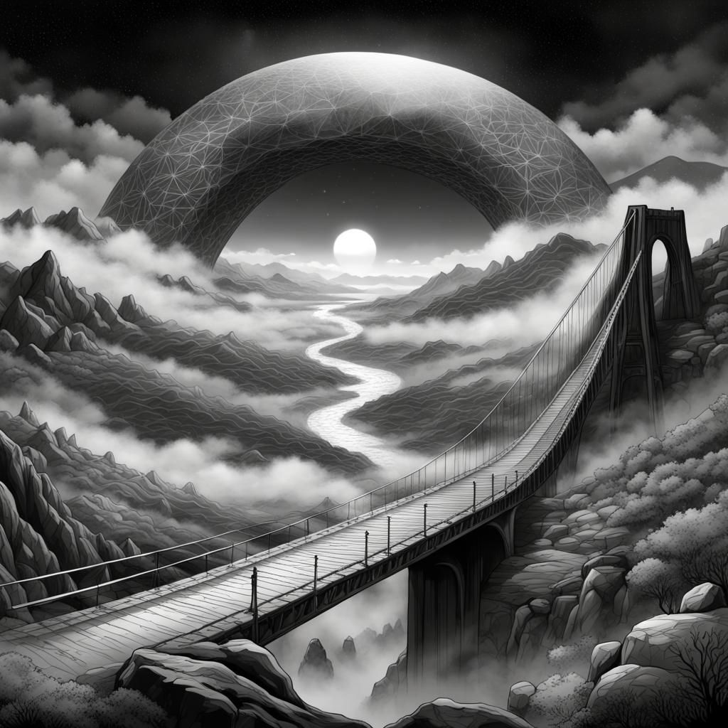 Coloring Page of a Valley with Bridge
