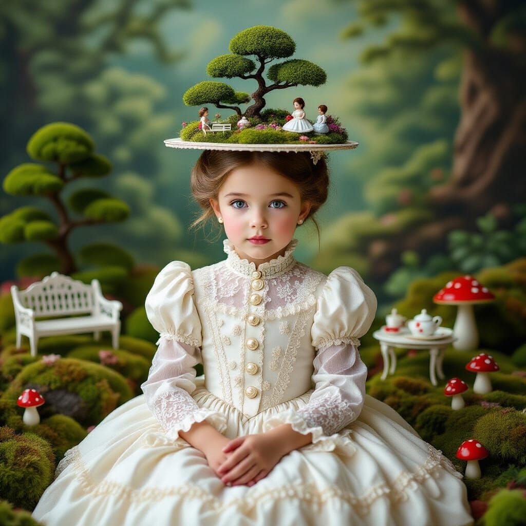 Girl with Miniature Garden Hat in Victorian Dress