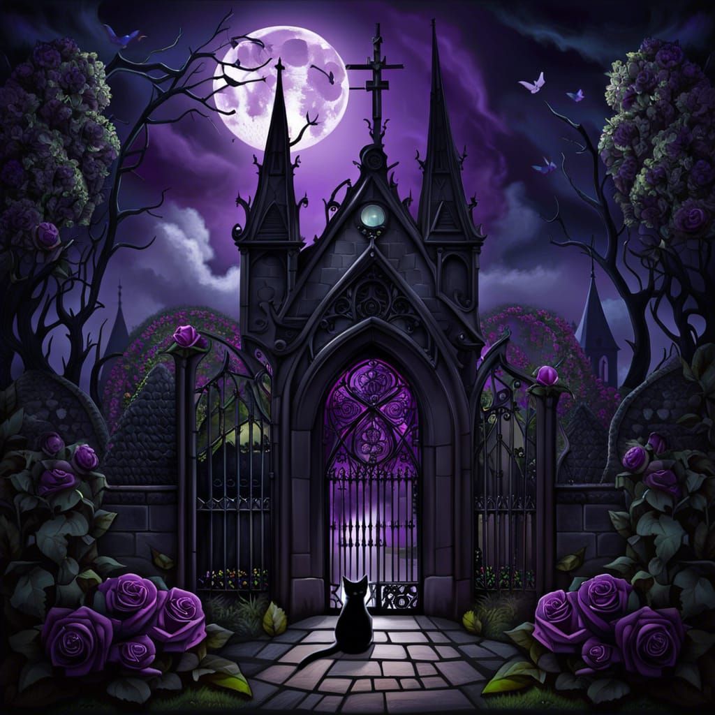 Gothic Church Under Moonlight with Black Cat