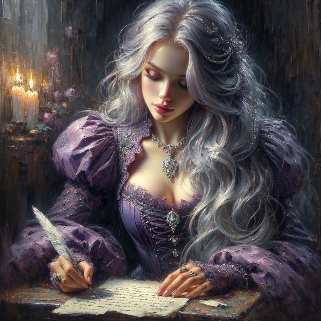 Norse Goddess Writes by Candlelight in Victorian Dress