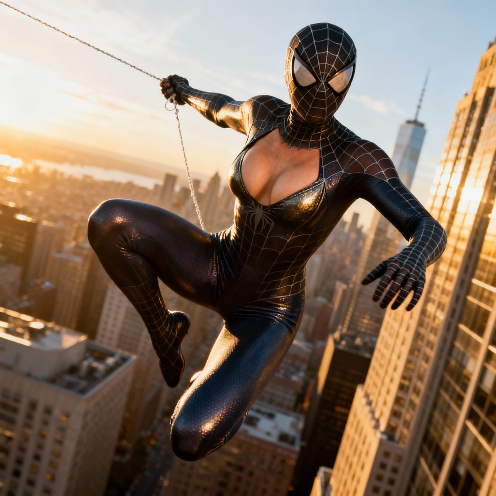 Spiderwoman Leaps from Skyscraper in Realistic Photo