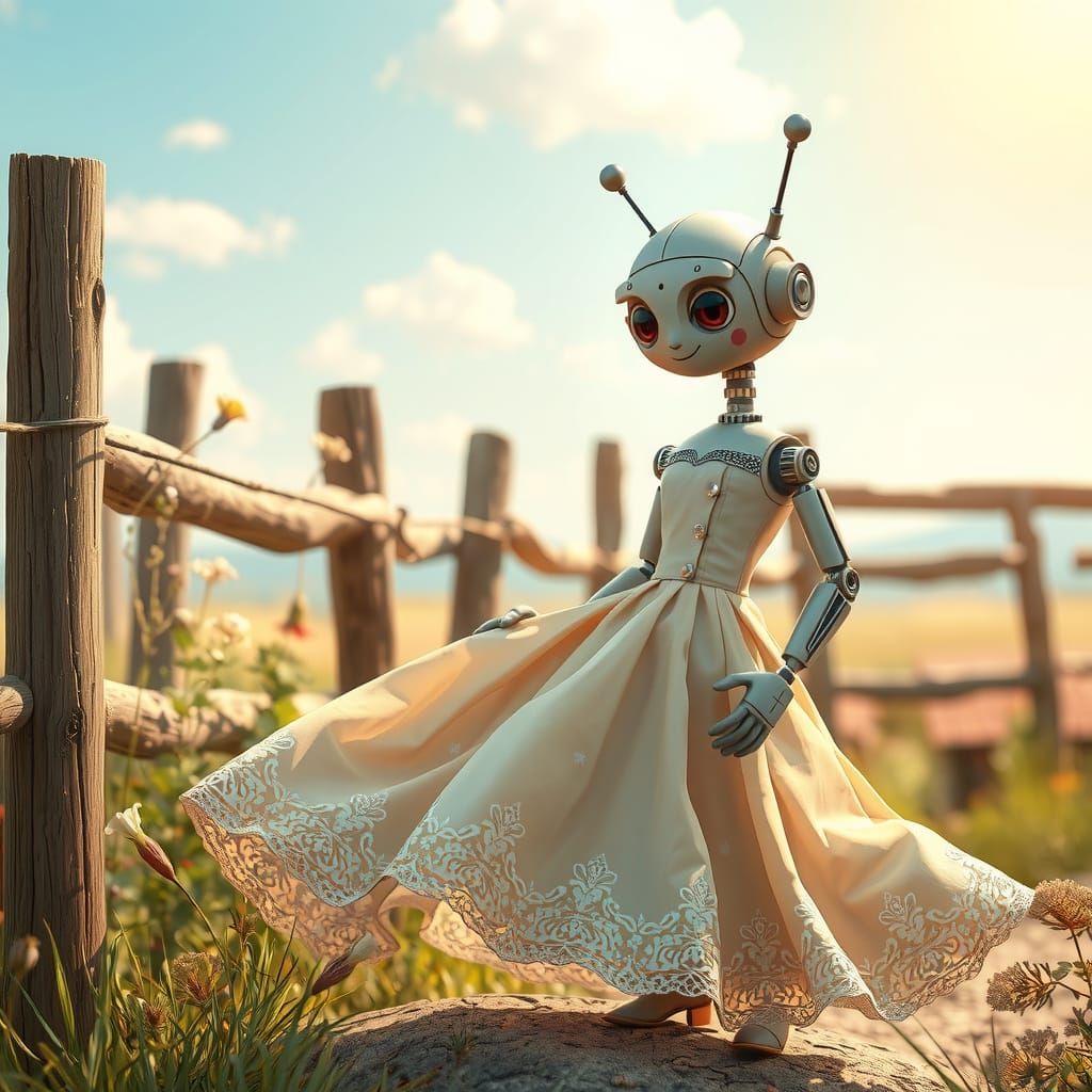 Teeny Tiny Robot in Victorian Dress in a Whimsical Western L...