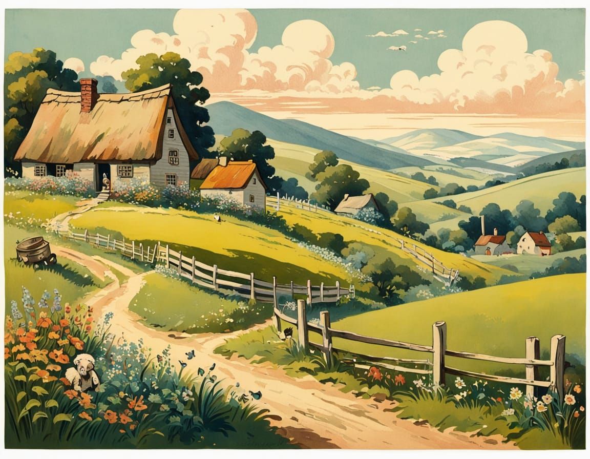 Vintage Whimsical Pastoral Scene with Rustic Cottage