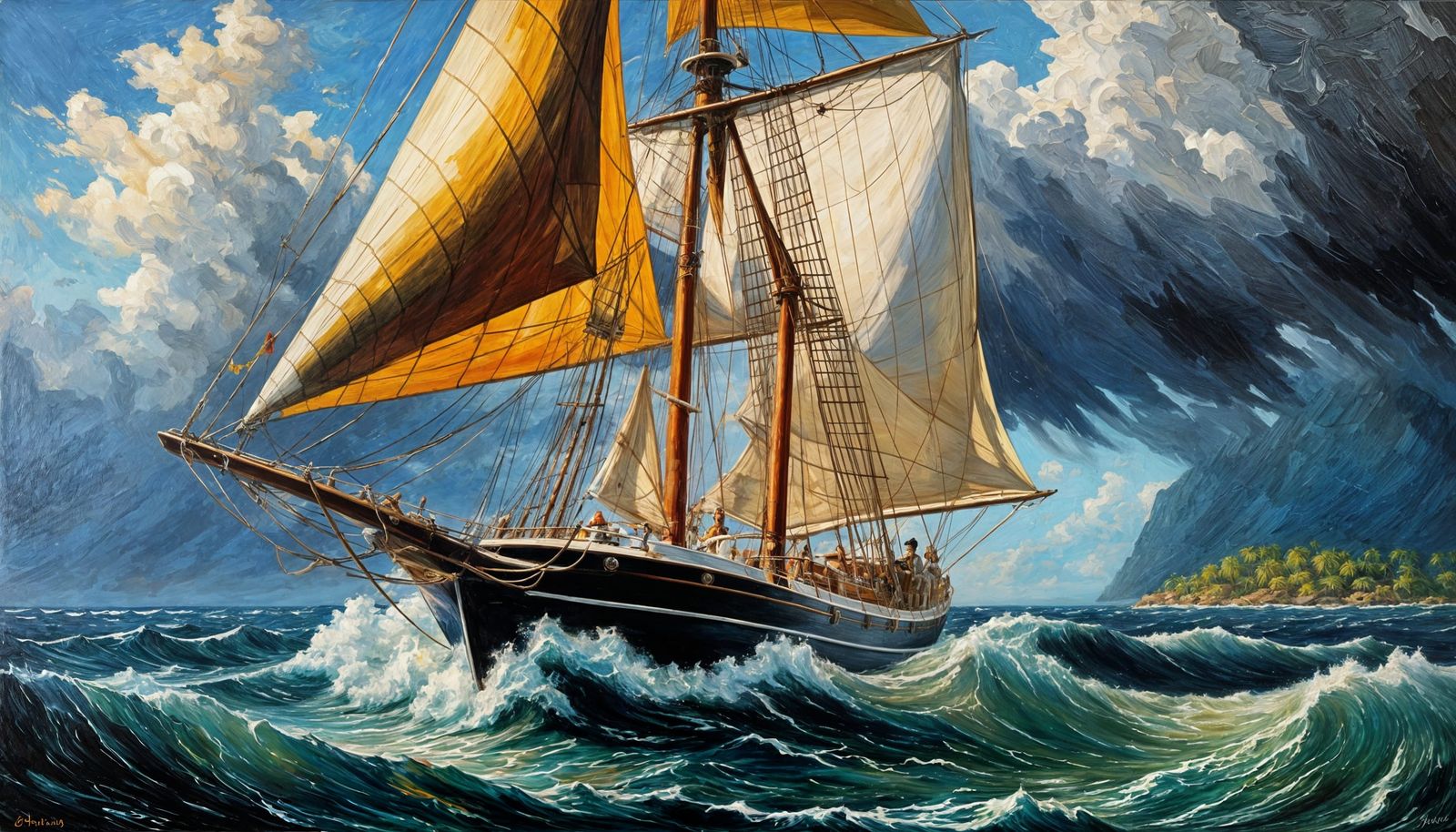 Oil Painting of Caribbean Schooner in Stormy Seas