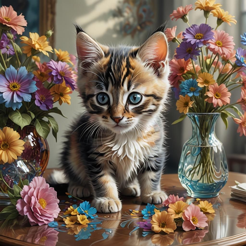 a hyper realistic, kitten sniffing flowers in a vase on coff...