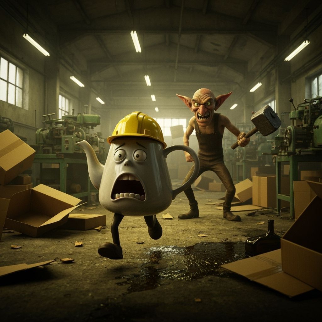 Terrified Teapot Evades Goblin in Dystopian Factory