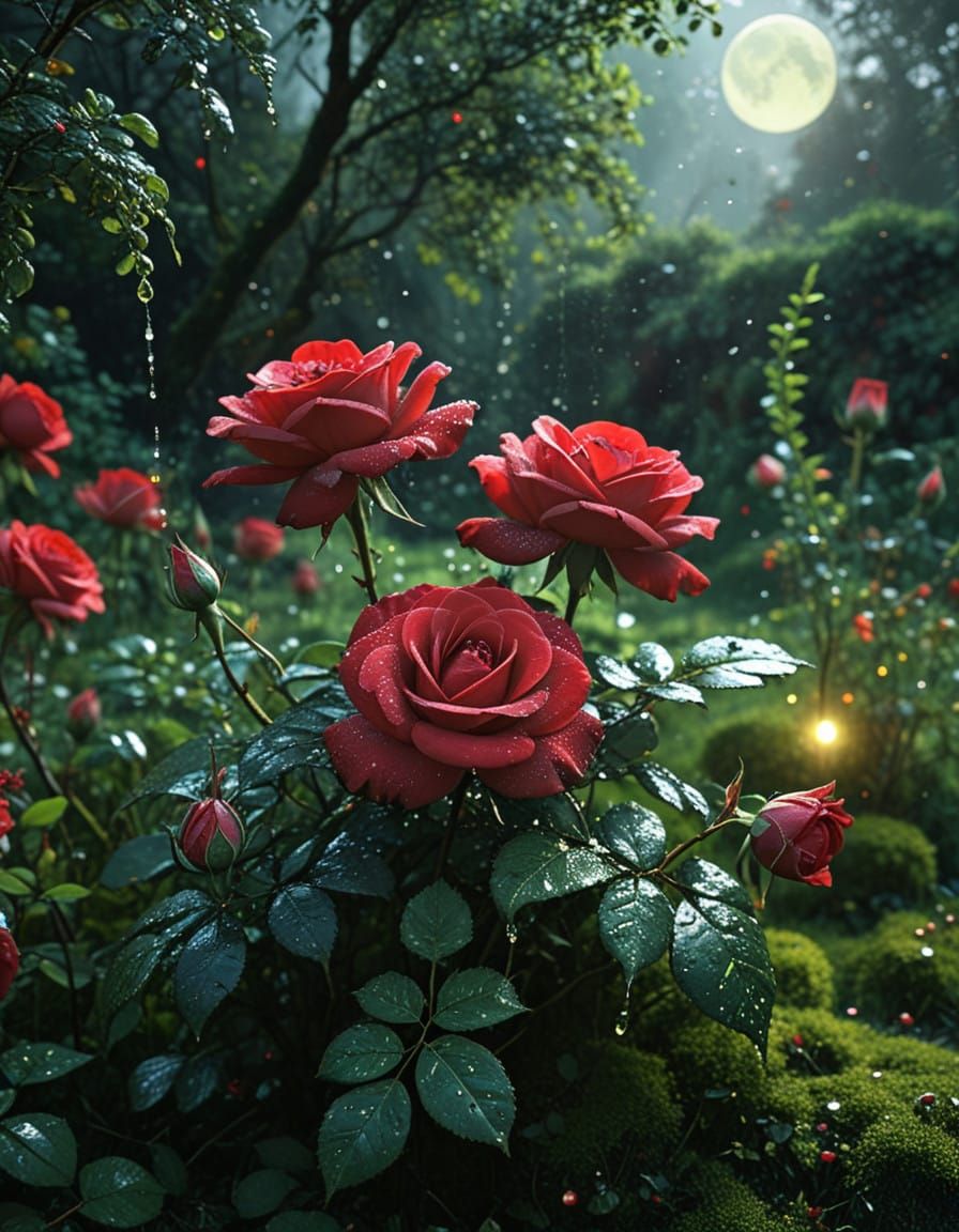 Vibrant Roses in a Mystical Night Garden