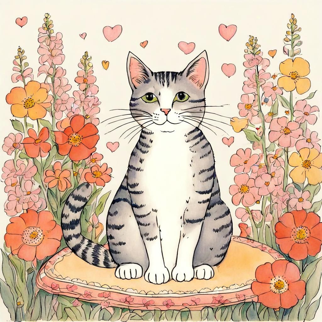 Cute Cat Surrounded by Flowers Illustration