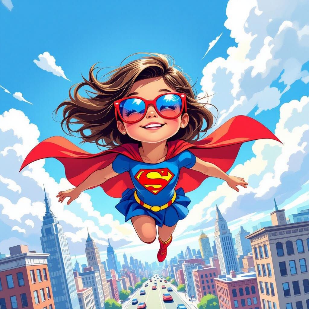 Supergirl Soaring Above Toy City: Comic Book Style