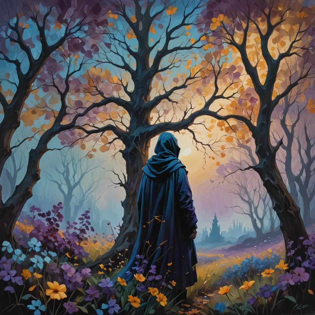 Eerie Autumn Landscape with Mysterious Figure as Oil Paintin...