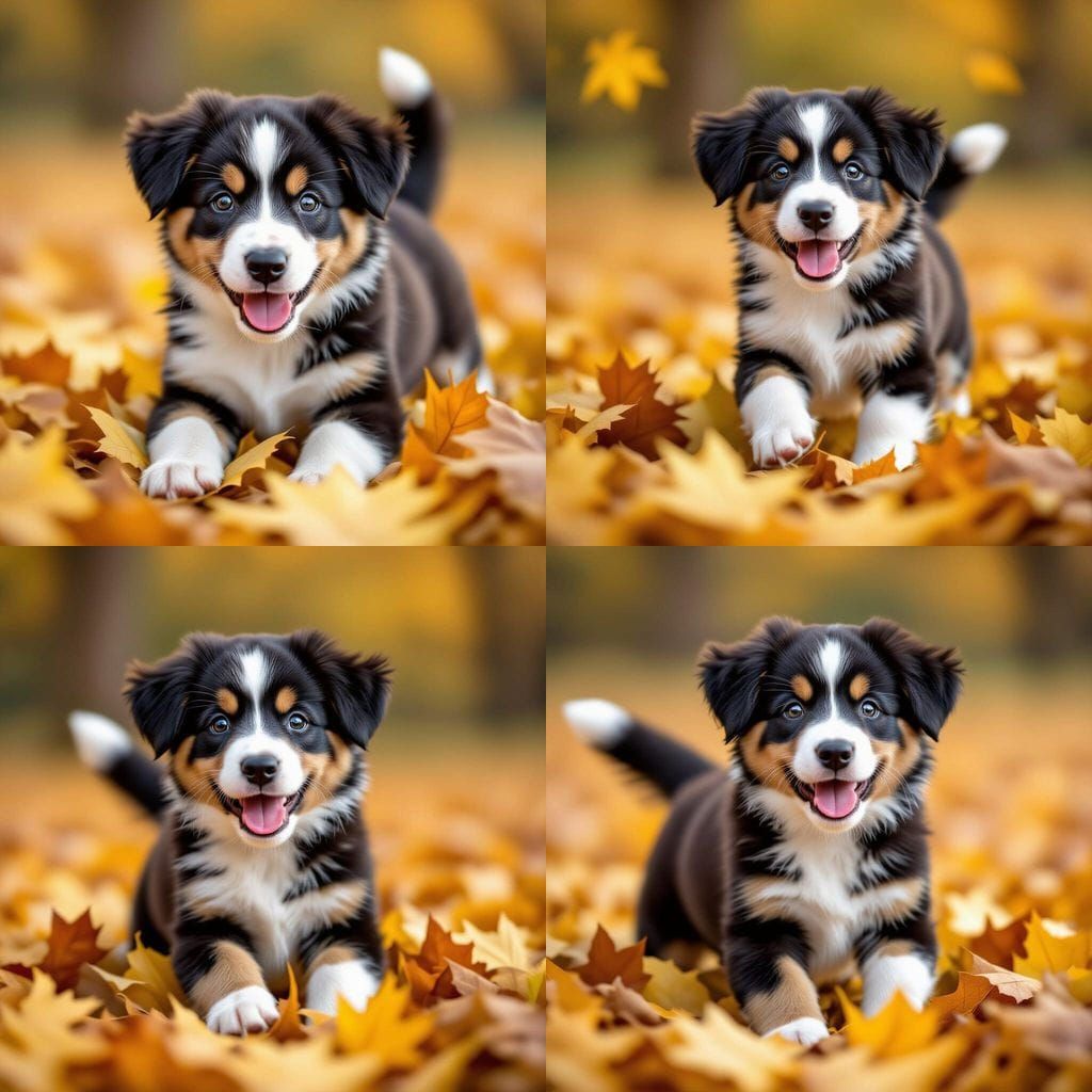 Happy Black and White Puppy Playing in Autumn Leaves