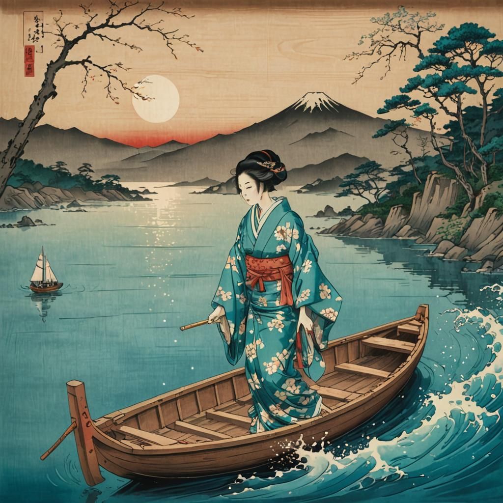 Serene Woman in Boat: Ukiyo-e Japanese Art