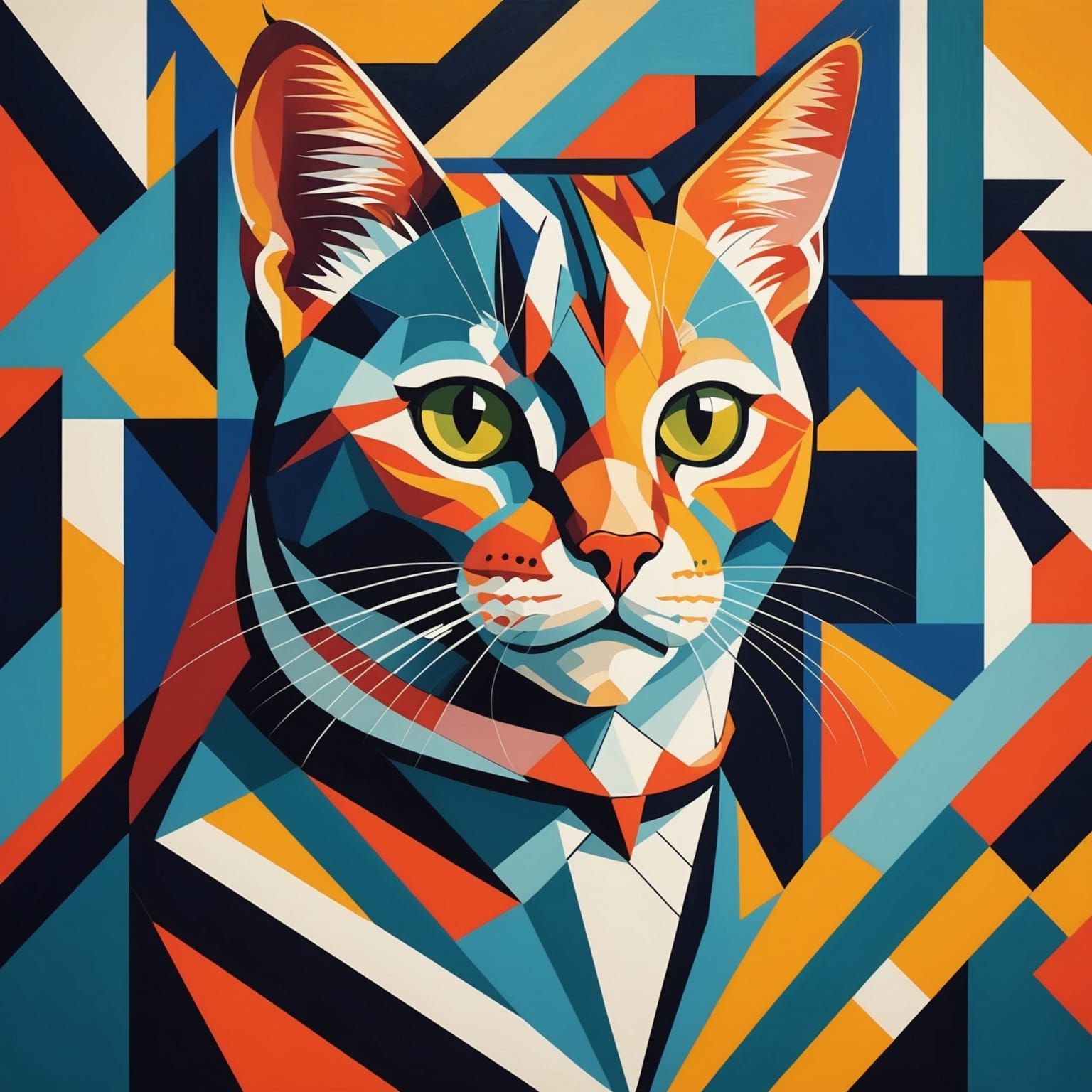 Cubist Cat Geometric Fauvism Art Deco Painting
