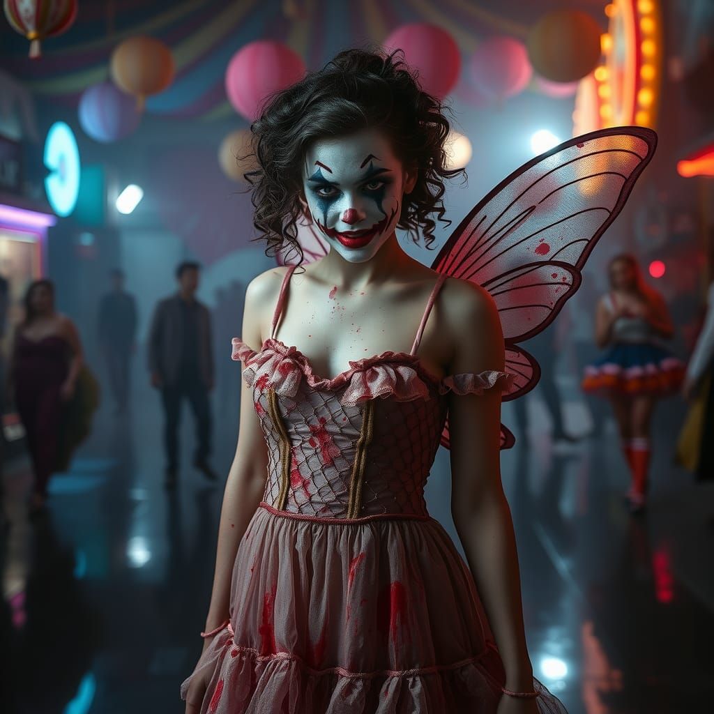 Creepy Clown Fairy in Surreal Circus Setting